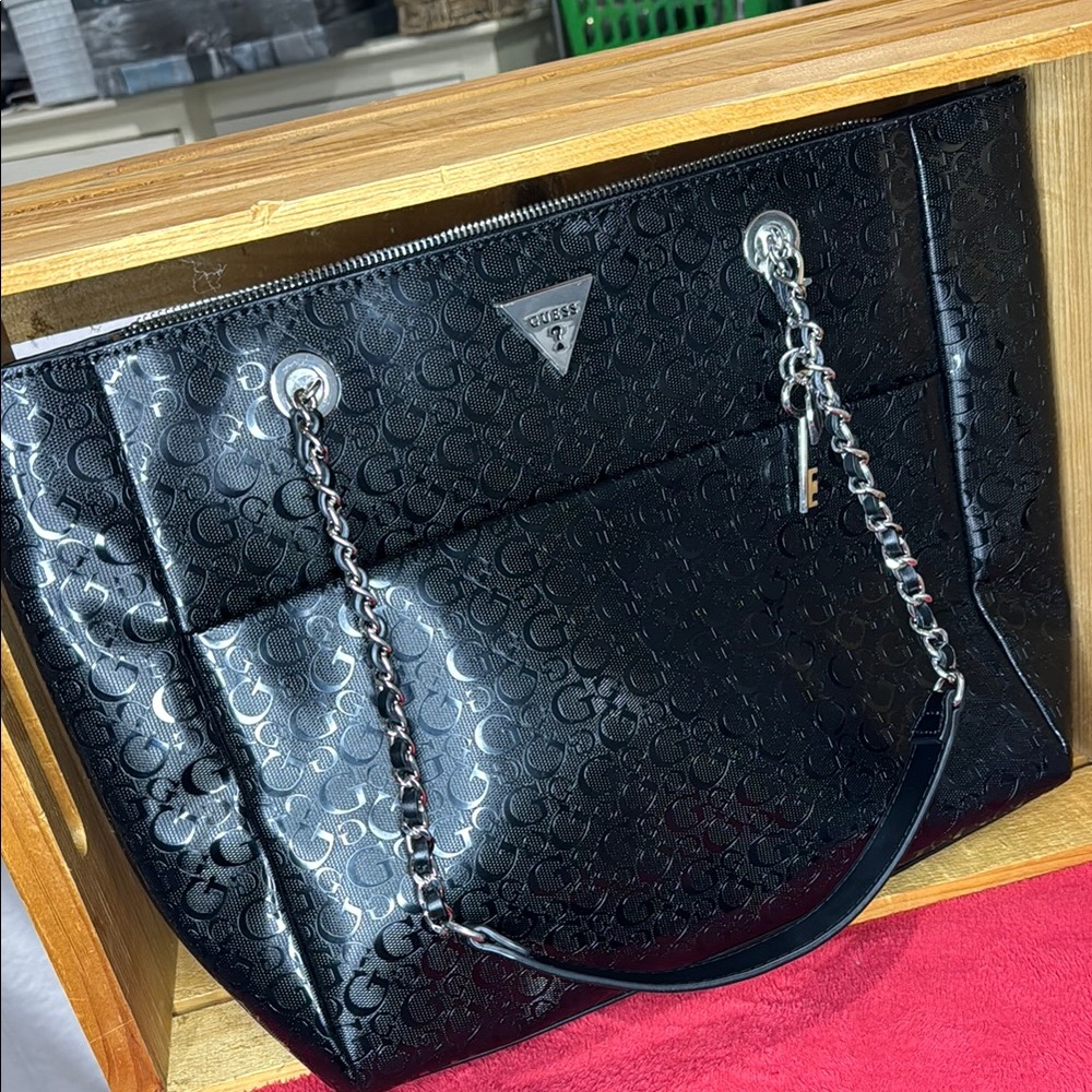 Guess Black Tote Bag with Chain Straps and Textured Finish